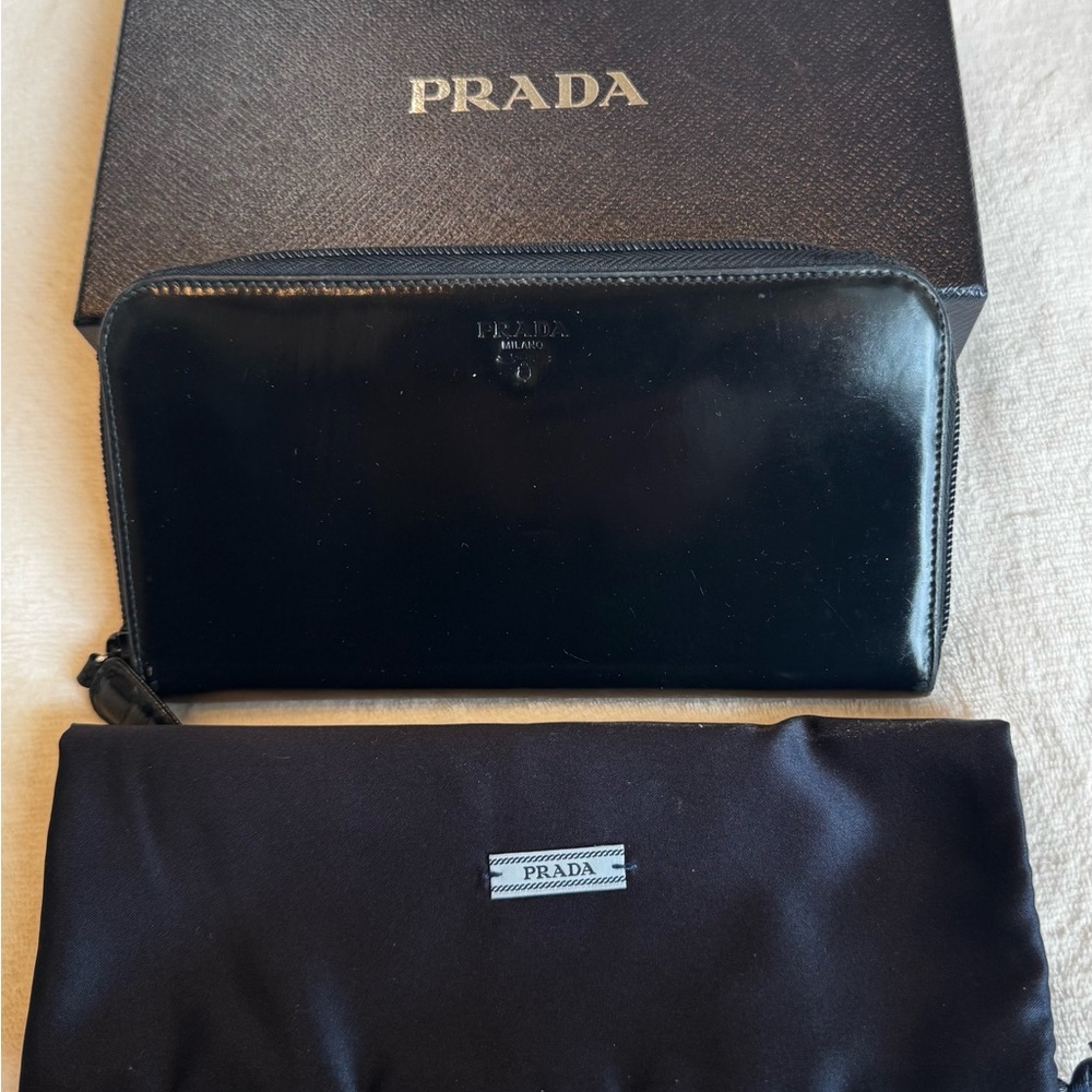 Prada Black Patent Leather Zip Around Wallet + Box & Dust Bag
